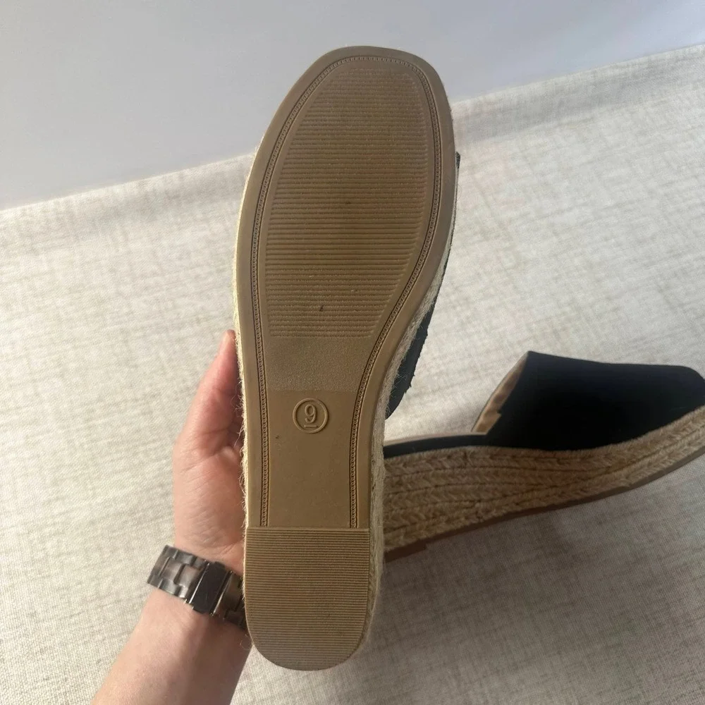 New Day Black Espadrille Wedge Slide Sandals Women's Size 9 Faux Suede